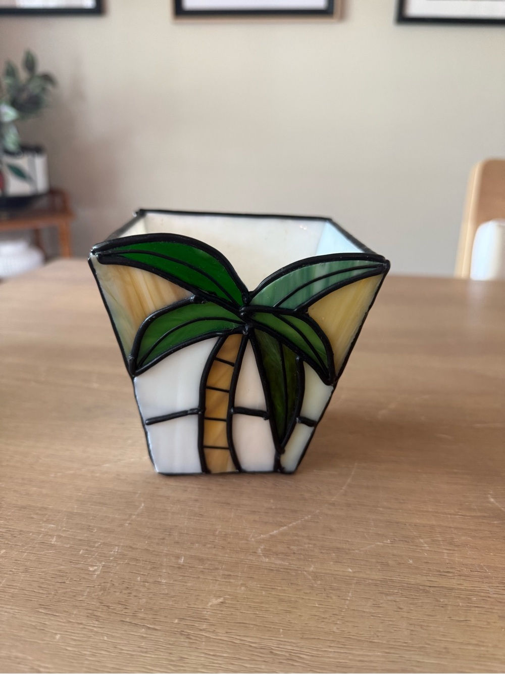 Vintage square stained glass candle holder with palm tree motif